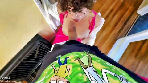 Curly haired stepmom with glasses gives titjob to stepson in Rick and Morty shirt