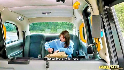 Asian cutie in blue hoodie rides to university in fake taxi