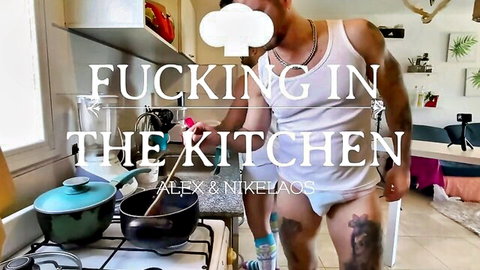 Alex Barcelona and Nikelaos in steamy kitchen fuck, muscular hunk in tight underwear
