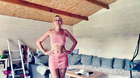 Miley Weasel in pink crop top and mini skirt, seductive pose begging for creampie POV