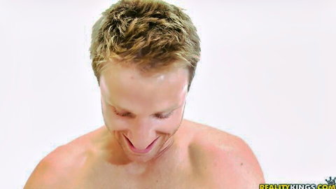Levi Cash smiling shirtless in threesome with BBW blondes Misty Law and Dee Siren