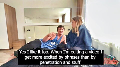 Blonde stepsis in hoodie chats excitedly with stepbro about video editing thrills