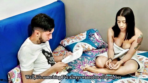 Stepdaughter in open robe confesses to stepson on bed, natural tits tease