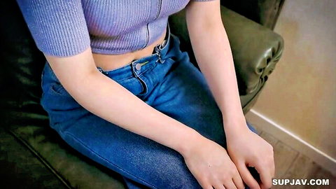 Akita 18yo Asian beauty in cropped purple top and jeans posing solo