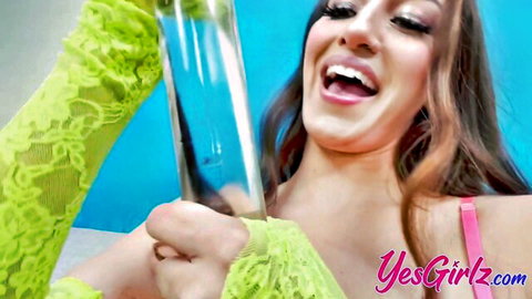 Bella Rolland in green lace fishnets with anal toy play and blowjob tease
