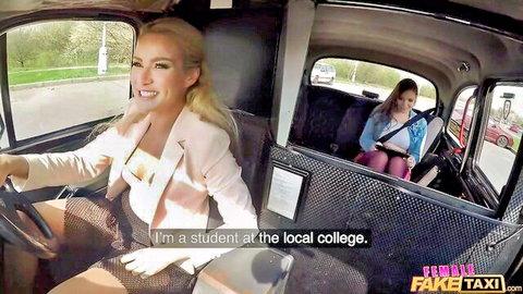 Brunette college student chats in fake taxi with blonde driver