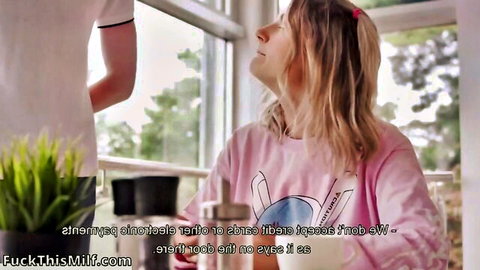 Eva Elfie in pink hoodie, blonde beauty post-rough sex tease