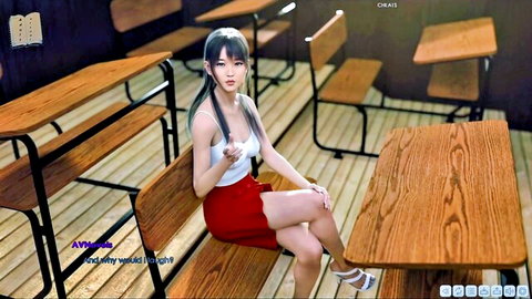 Naughty Asian cartoon teacher in white crop top and red mini skirt sits seductively on classroom desk teasing