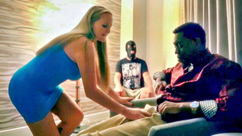 Blonde Harmoni Kalifornia in blue mini dress teases cuckold husband as masked man watches
