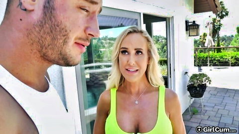 Brandi Love in yellow bikini seduces handsome man poolside