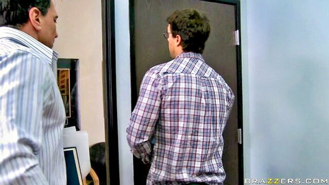 Kelly Divine in office scene with two suited men, big tits brunette