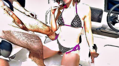 Hot wife in leopard bikini pounded on boat by hairy guy, cumshot finish