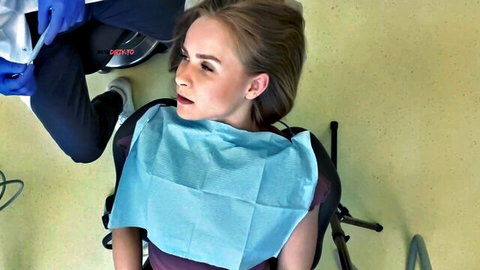 SweetGini blonde in dental chair POV, mouth open with bib and gloves tease