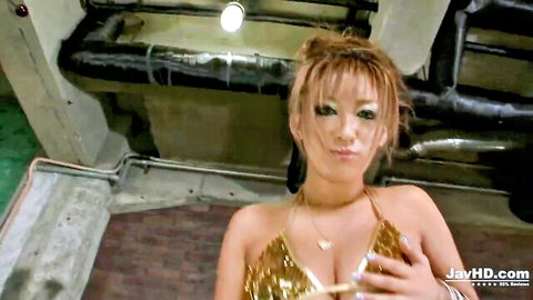 Juri Sawaki in gold bikini top, teasing solo in JAV scene
