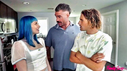 Kit Mercer with two men in teasing threesome preview, blue hair MILF