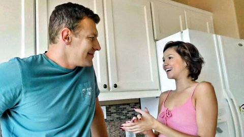 Cadey Mercury in pink tank top chats with stepdad before intense fuck