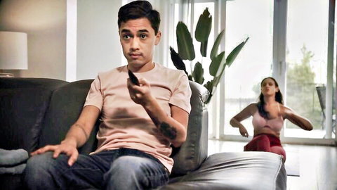 Penny Barber in tight yoga outfit teases man on couch in her debut porn scene