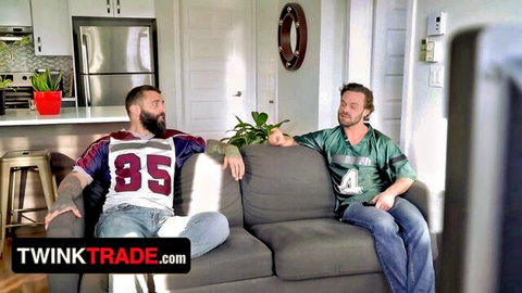 Bearded hunks Harvey Sid and James Fox in football jerseys for step-family threesome