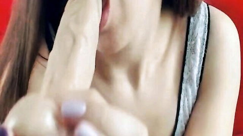 Nadin in lacy top, hand to mouth with surprised look, tight pussy creampie tease