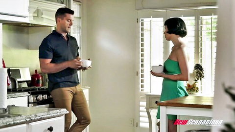 Olive Glass in sexy green dress teases Ramon Nomar in hotwife kitchen scene