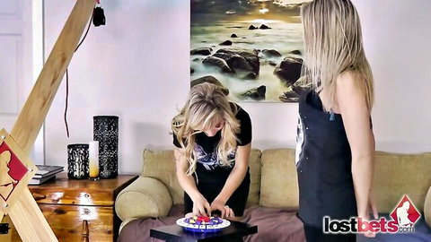 Blondes Carmen and Dylan bend over strip poker board in lost bet game