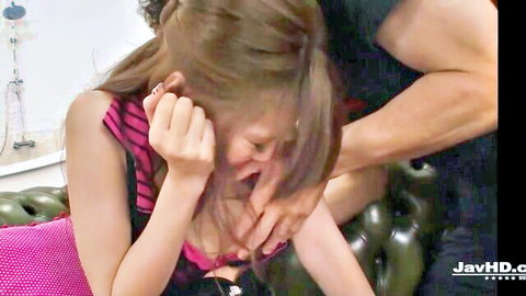 Ameri Ichinose laughing playfully as muscular man touches her face in JAV