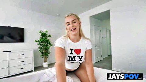 Blonde Maisey Monroe smiles in I Love My Daddy t-shirt, POV tease