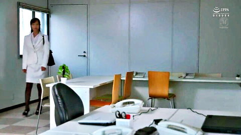 Seductive Asian office lady in white suit and stockings, JAV style