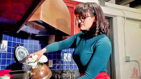 Penny Barber as stepmom cooking in kitchen, MILF tease