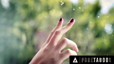 Lexi Lore's teasing V-sign hand through rainy window, virgin stepdaddy vibe