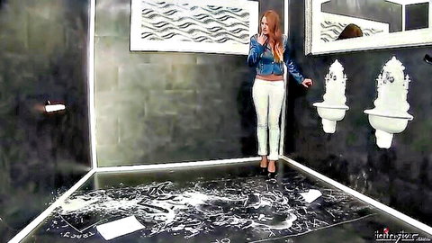 Shocked redhead MILF in denim jacket and tight white pants, bathroom surprise