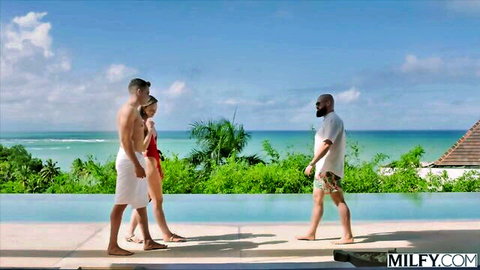 Serenity and Malena share BBC in steamy interracial threesome by pool
