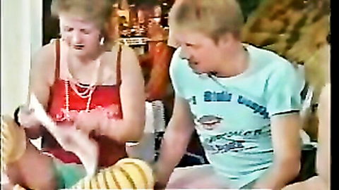 Vintage Dutch blonde milf and teen boy in roleplay, red top and blue shirt