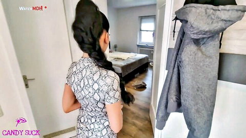 Candy Suck in short snake print dress, long braided hair, POV entry to bedroom