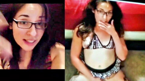 Glasses-wearing amateur girl with small tits smiles then teases in zebra bikini top