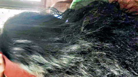 Amateur Indian beauty's wet black hair closeup in steamy shower tease