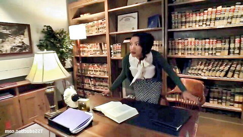 Yasmin Lee in sexy office blouse and skirt, surprised pose