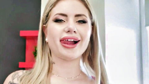 Georgia Koneva blonde babe sticks out her tongue in teasing smile