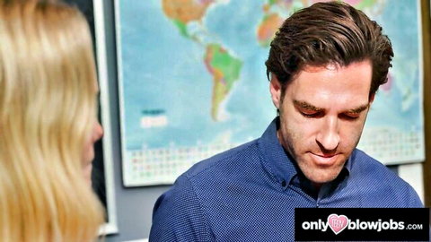 Blonde babe teacher eyeing handsome guy at desk in classroom before blowjob