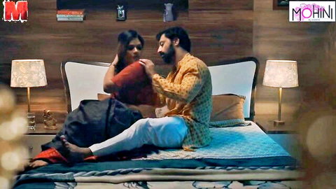 Desi stepmom in red saree seduces bearded man intimately on bed