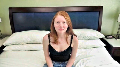 Redhead teen Lexi in black lace top and jeans on bed, teasing for POV rough fuck