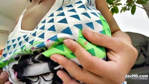 Saki Sudou's big tits in low-cut top, JAV threesome preview