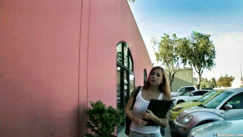 Scarlett Pain in casual white top outdoors, teasing for intense blowjob action