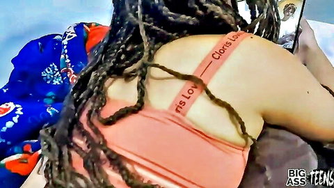 Curvy black stepsister in colorful wrap dress, big ass tease after party