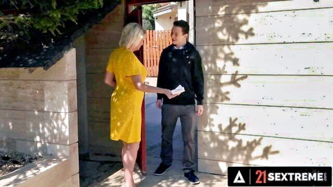 Busty blonde in tight yellow dress flirts with neighbor guy at outdoor door