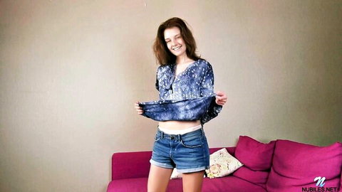 Sienna petite beauty teasing solo in open top and denim shorts