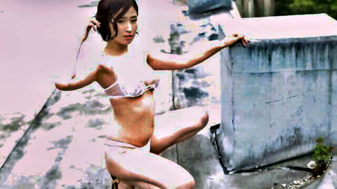Skinny Japanese teen in white lace lingerie squats with legs spread teasing her pussy outdoors