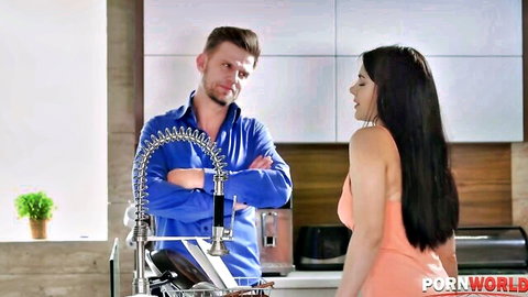 Valentina Nappi flirts in tight dress with man in kitchen scene