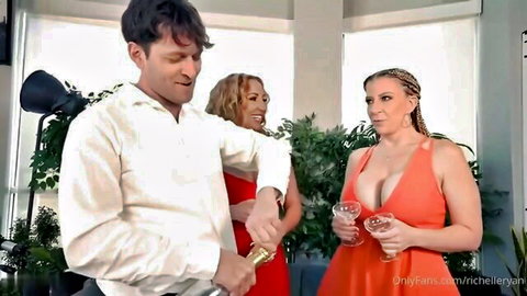 Sara Jay and Richelle Ryan tease in sexy dresses with a man, curvy threesome preview