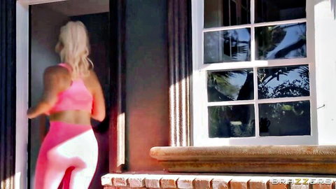 Tall blonde Mia Malkova in pink sports bra and tight white thong leggings from behind